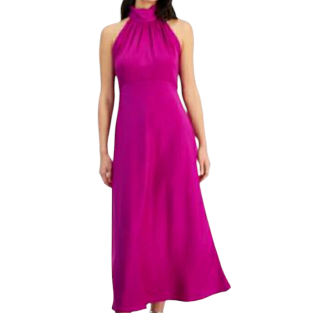 Banana Republic Satin Fuchsia Halter Maxi Dress Pink Size 0 High Ruffle Neck